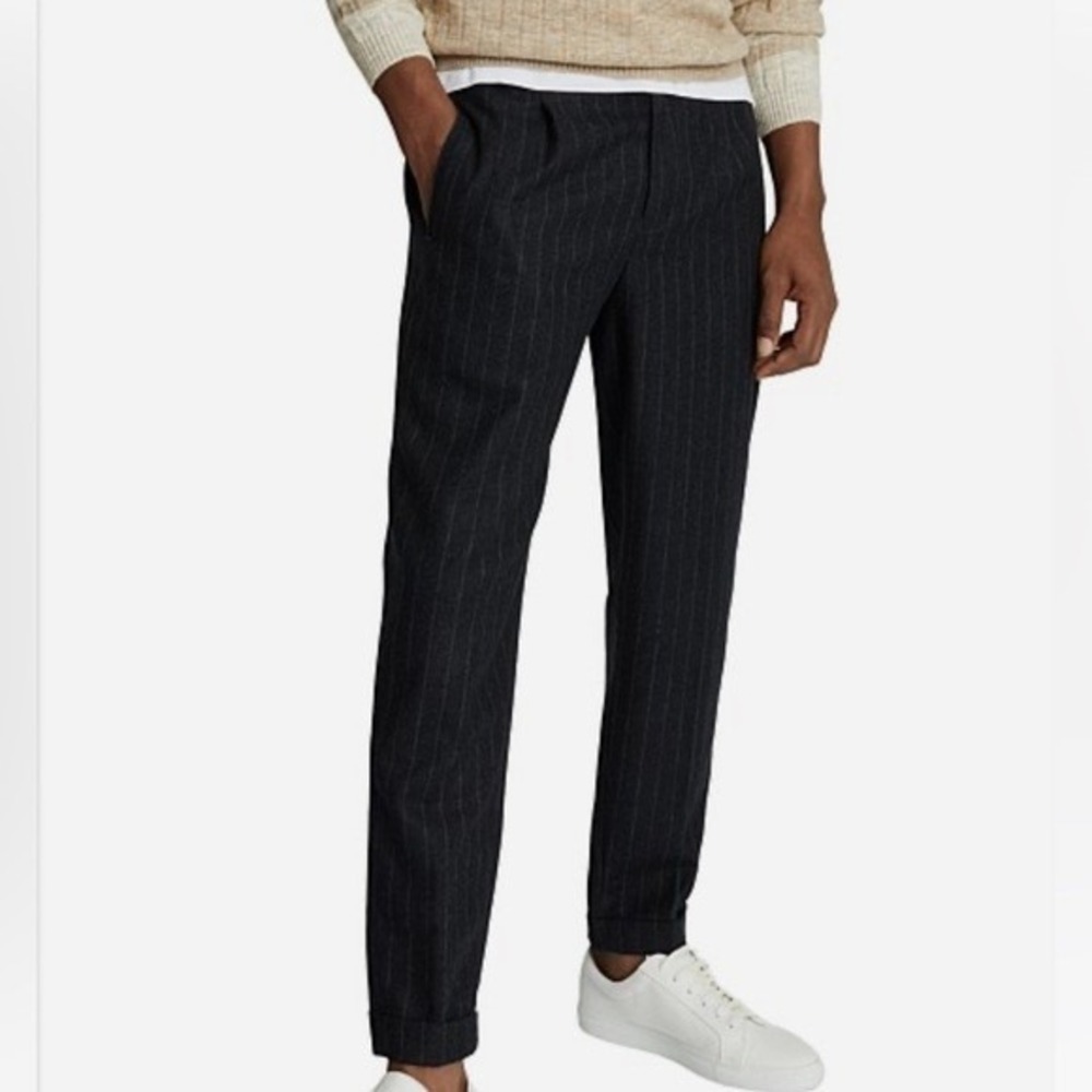 Reiss Pants Mens 32 (Actual 28x26) Charcoal Black Tower Tapered Pinstripe Wool
